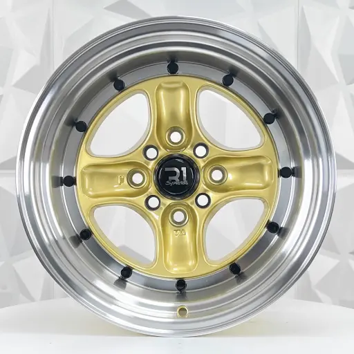[154927F] RIN 15X8 4-100/114.3 R1 SPORT QC403 GOLD MACHINE LIP+BLACK RIVETS* ET0 CB73.1